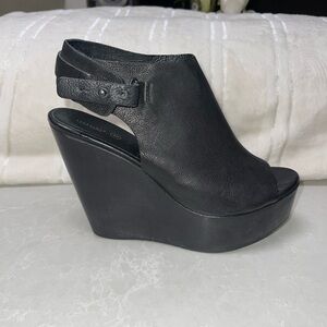 EUC ALL SAINTS Black Leather Slingback Wedge With Open Toe